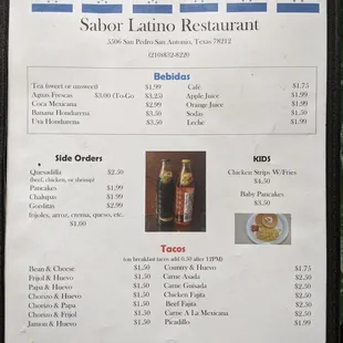 a menu for the restaurant