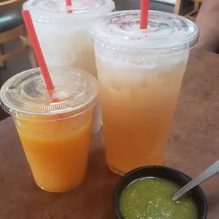 Aguas frescas: horchata, melon, &amp; fresh squeezed oj with salsa verde (milk with a bit.of a kick at the end)