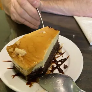 Delicious and moist chocolate cake topped with a creamy flan.