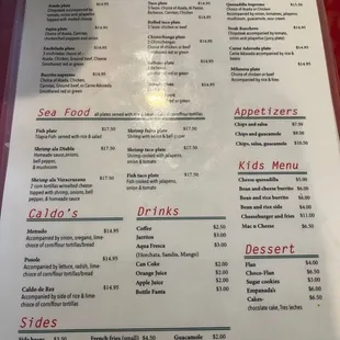 Dinner menu and sides