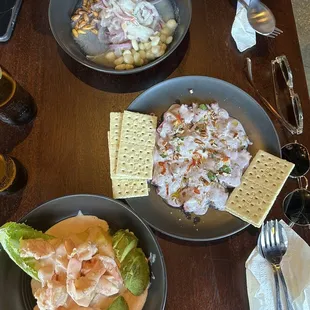 Shrimp causa, Pulpo al Olivo, Ceviche