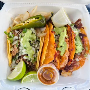 Left to Right: Carnitas taco, 2 Birria tacos