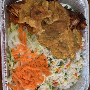 Tostones,Fried Snapper,vegetable rice,salad
