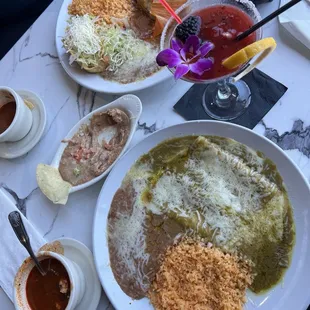 Pictured is their bean dip, green enchilada plate and tamale plate I think! I'm not sure which drink