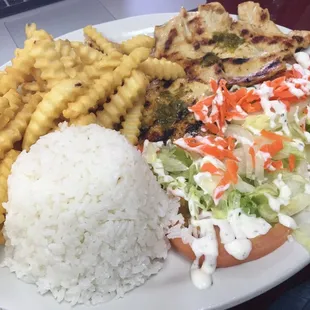 Pollo a la plancha -- chicken with rice, fries and salad