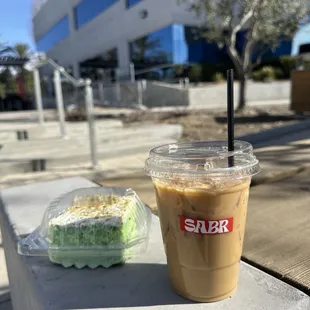 Pistachio milk cake and cardamom rose latte