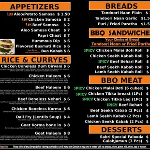 Indian menu