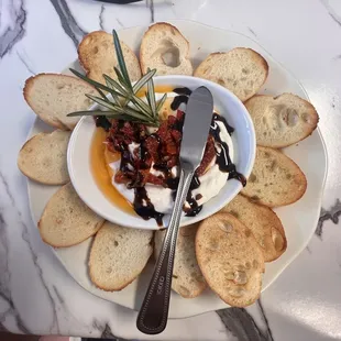 Ricotta Dip with sun dried tomatoes and balsamic glaze