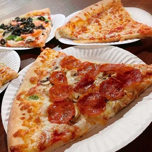 Front: Pepperoni and Mushroom; Cheese; Veggie; Pesto.