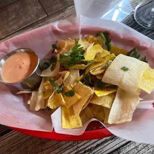 Plantain chips with mayo ketchup!  It came for the table and wasn&apos;t even a purchased appetizer! Love this!