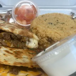 Steak quesadilla with side of rice
