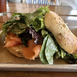 Trout sandwich with everything bagel and herb cream cheese