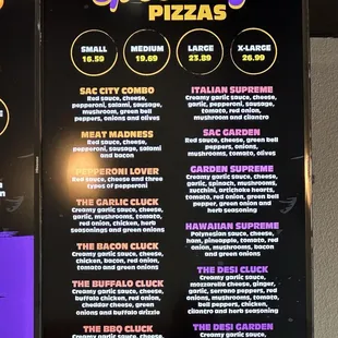 Pizza menu