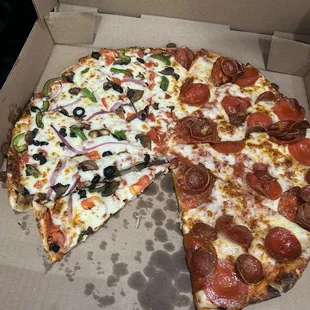 Left side is supposed to be a garden pizza. Barely any veggies on it.