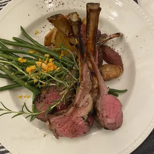 Honey mustard &amp; Rosemary Lamb Chops Roasted Fingerling Potatoes Green Beans Almandine