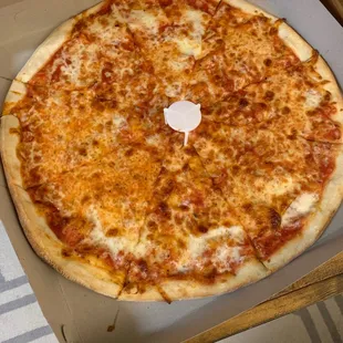 a cheese pizza in a box