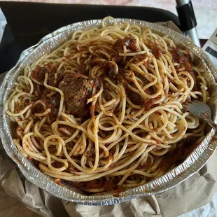 Spaghetti dinner.  This is a deep dish. Had no idea when ordering how big the spaghetti dinner was. This had 3 huge meatballs on it