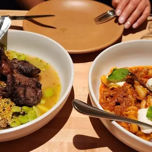 Lamb and pasta.