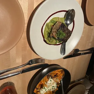 Salmon entree &amp; pasta with eggplant