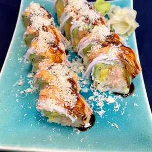 Sachi Special Roll.  Lobster salad, cucumber and mango wrapped in soy paper, topped with avocado and crab meat, tempura crunch