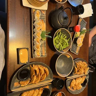 Xiao Long Bao, calamari, crab salad and spicy California, Edamame, spicy tuna and ebi, gyoza and miso soup.