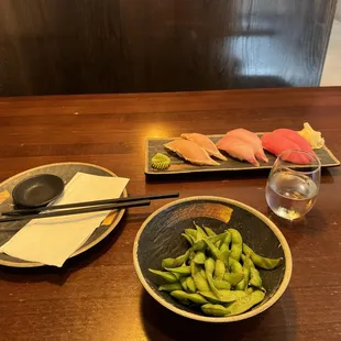 Edemome, the two types of Tuna nigiri and a kamachi nigiri