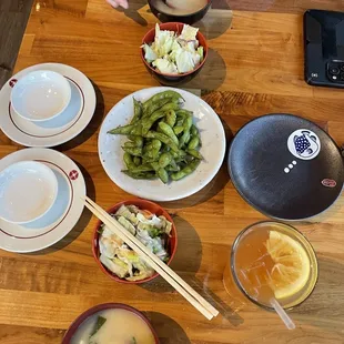 Complimentary soup and salad, plus edamame which we ordered