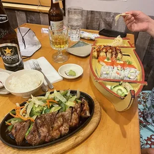 a table full of food and beer