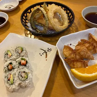 vegetable tempura, Crab puff, California Roll