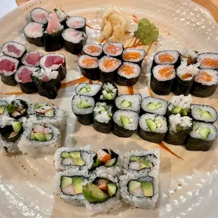 California, salmon, yellow tail, tuna and cucumber rolls