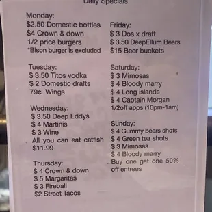 a menu for the daily specials