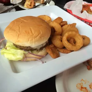 Bison burger with onion rings