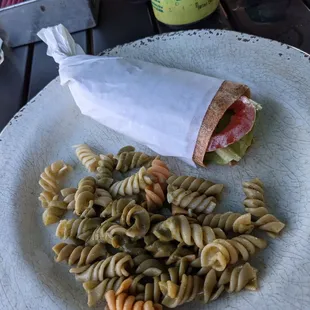 Lunch special with tuna sandwich and pasta salad