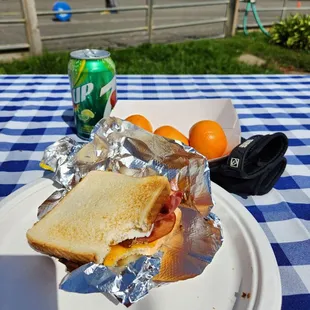 Breakfast sandwich with egg ($6). Cuties ($1 for 3 ct). Soda ($1). Very reasonable and helps make an affordable show day!