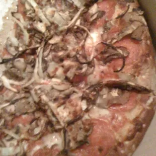Pepperoni, mushroom and onion pizza