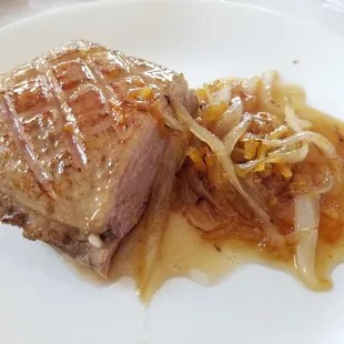 Pan-seared Moscovy duck with apricot-onion sauce