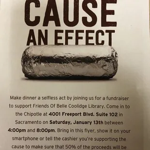 Show this flyer to the cashier at chipotle and 50% of the proceeds will go to the library!! (1/13/18 only)