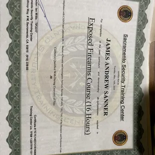 BSIS exposed firearm course completion certificate.