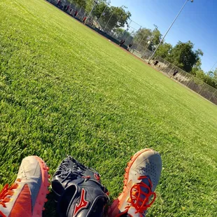 My sanctuary. Stretching in Center Field before the game.