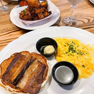 Lemon Ricotta Pancakes, Pork Belly and Soft Scrambled Eggs