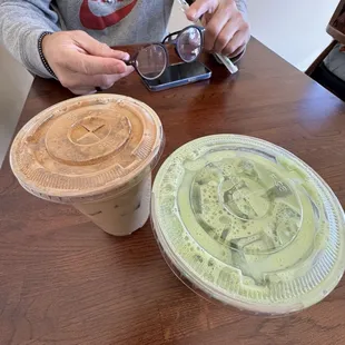 Cafe con leche and matcha, both iced!