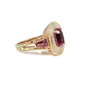 Pinkish Red Spinel and Pink Tourmaline Diamond Halo ring in 18k Rose Gold