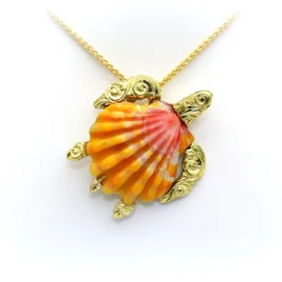 Custom 18k yellow gold Honu Sunrise Shell pendant with emerald eyes.