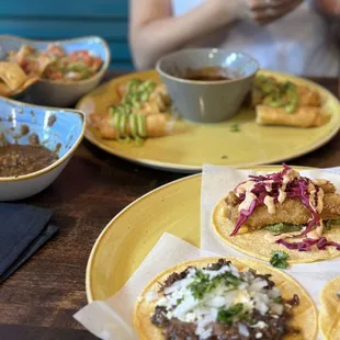 Tacos, taquitos, homemade chips and guacamole...
