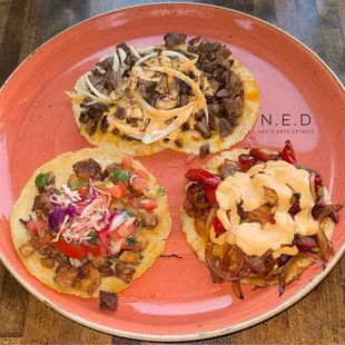 Shrimply Irrestible (Shrimp), Oaxacadelphia Cheesesteak, and Mistaken Bacon (Pork Belly) Tacos