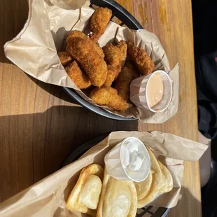 Fried artichoke hearts and pierogies. Both delicious