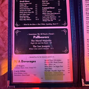 Beer and N/A menu