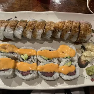 Spicy tuna roll (bottom) Shrimp tempura roll (top)