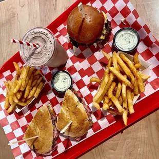 Smash burger, Cubano Sandwich, Fries &amp; Chocolate Shake
