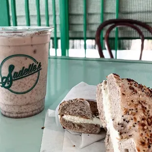 Gluten free everything bagel and an iced chi latte